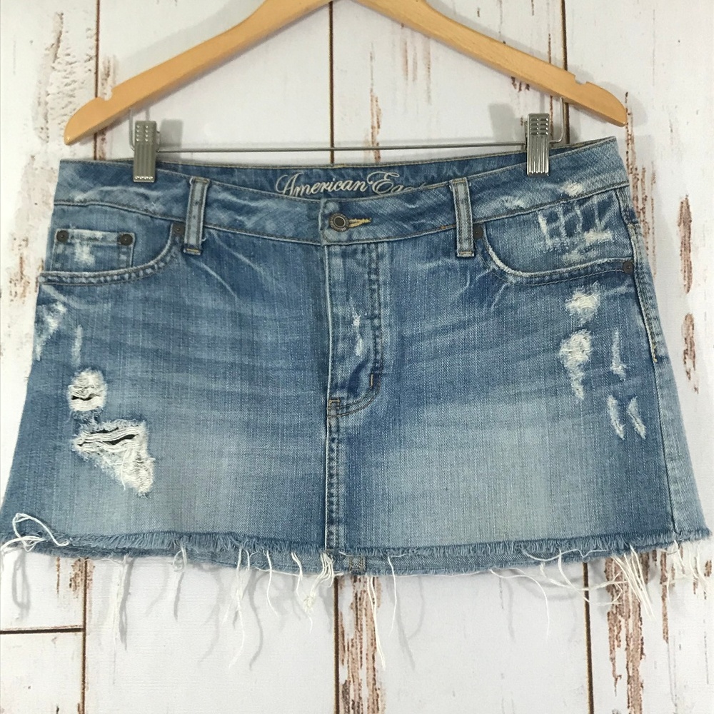 Am Eagle Distressed Button Fly Denim Mini Skirt